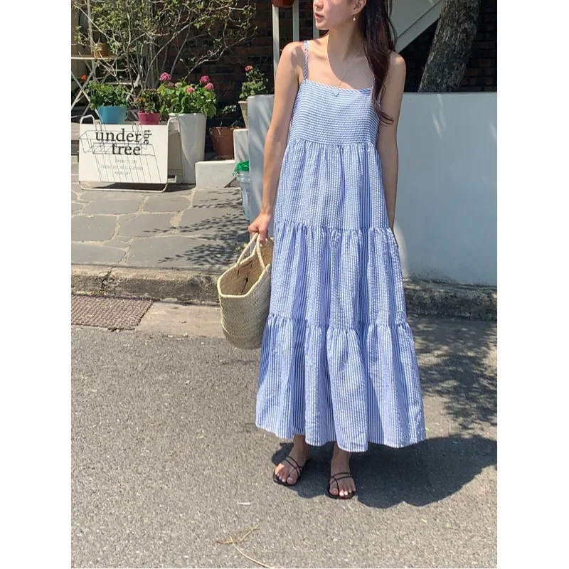 

Summer New Blue Stripes White Enhancing Women's Dress Square Collar Halter Gown Loose Fit Straight Cut Skirt for Holiday