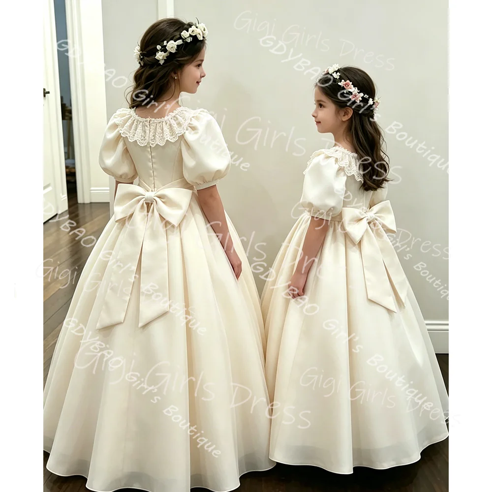 Graceful Satin Flower Girl Dress for Wedding With Bow High Waist Balloon Sleeve Princess Communion Dress Custom Kids Party Gown