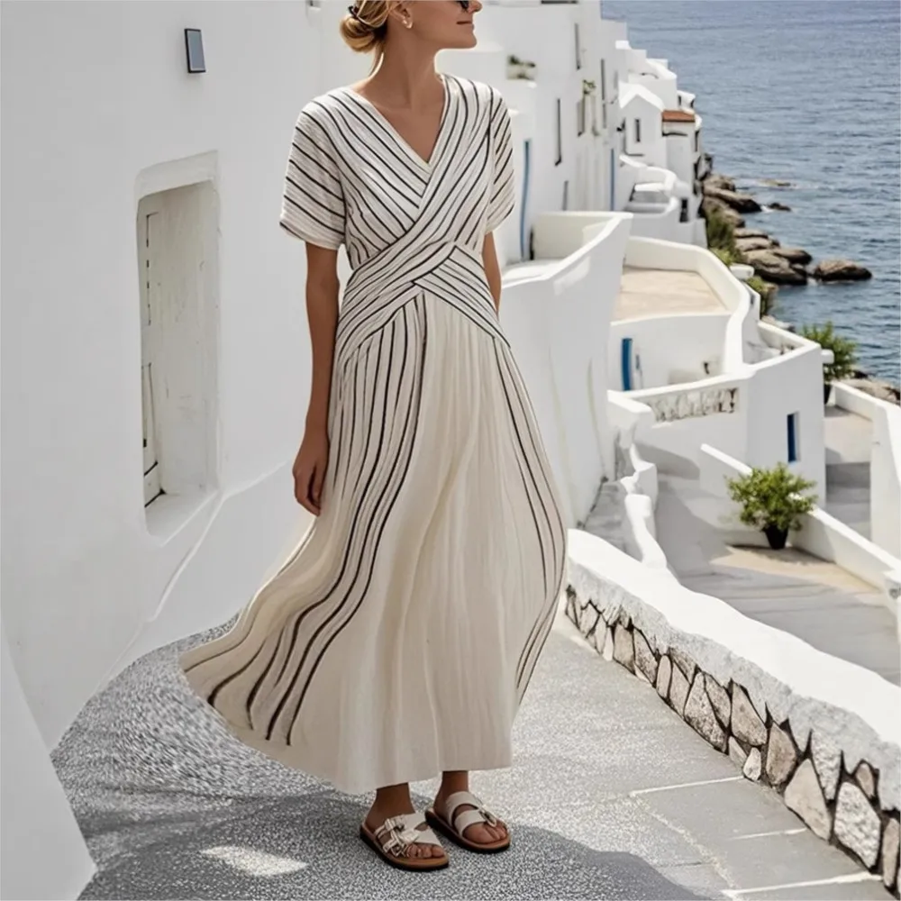 

Women's Summer V-Neck Striped Dress Short Sleeve Pleated A-Line Casual Office Beach Pullover Dress Sexy Simple