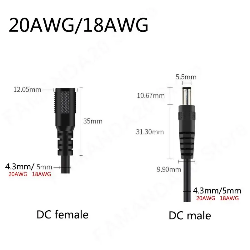 تيار مستمر ذكر أنثى موصل إمداد الطاقة تمديد كابل 16/18/20/22awg 7A 10A 5.5x2.1 مللي متر الأسلاك النحاسية لشريط LED ضوء m20