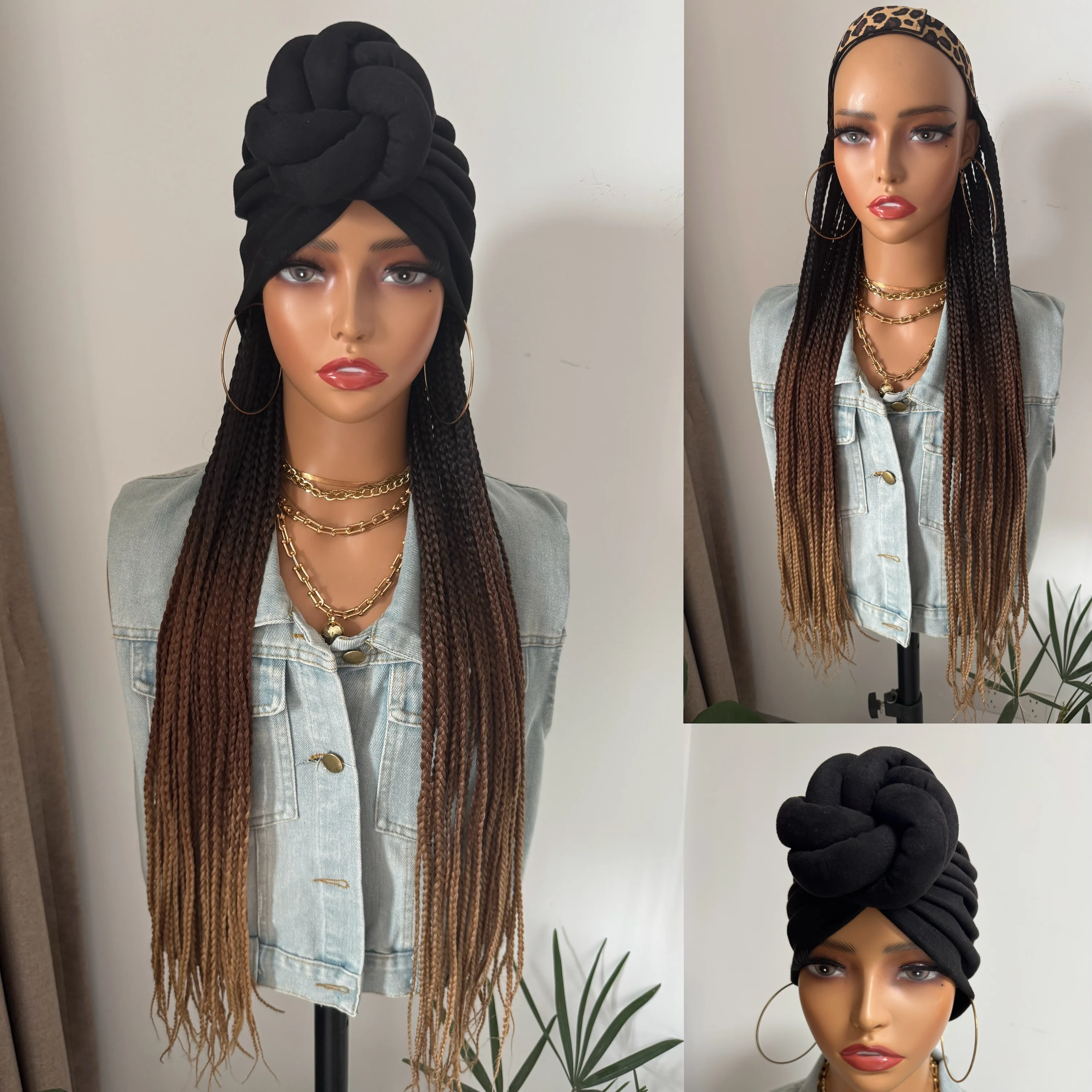 WIGERA Long 24“ Black Box Braided Synthetic Wig With Headband Turban Hat Box Braiding Hair Extensions Head Scarf  Wigs For Women