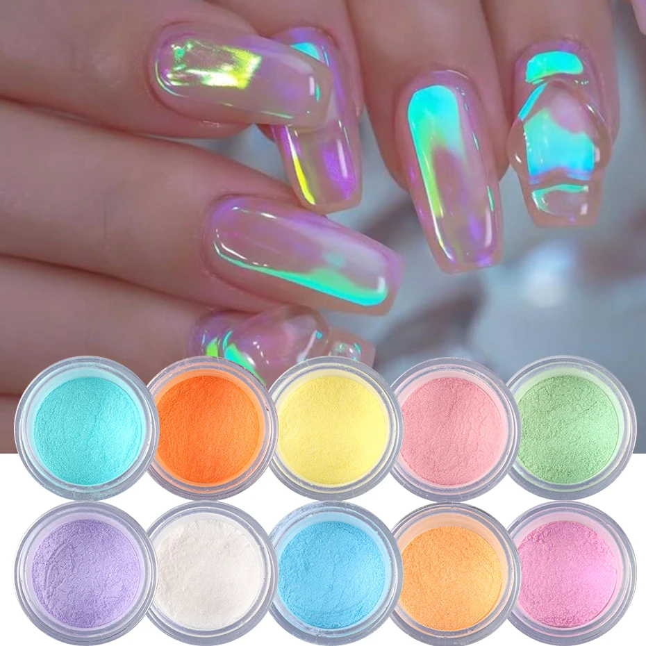 

10 шт., зеркало-русалка, блестящий хромированный пигмент, блестящие порошки для ногтей, лазерная радужная пудра «Аврора», аксессуары для украшения маникюра