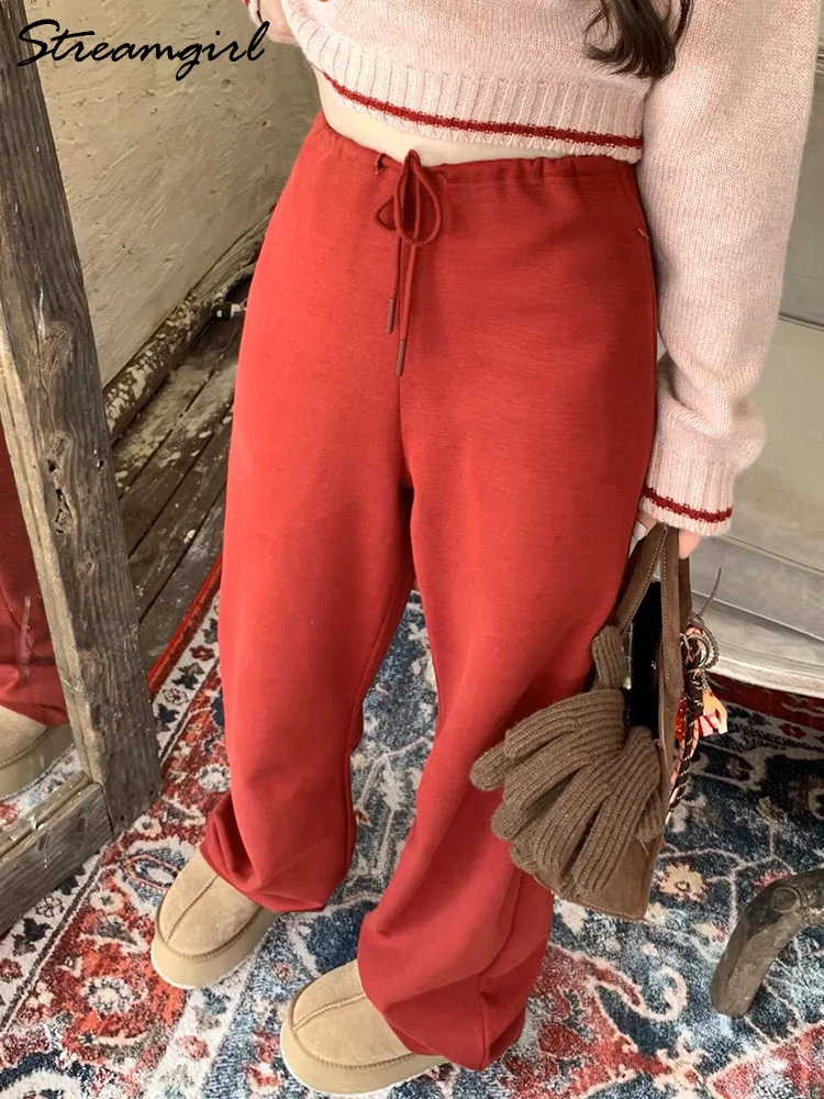 Streamgirl Wide Leg Blue Sweatpants Women Spring Loose Trousers Drawstring Sports Pants Red Basic Women Pants Baggy Sweatpants