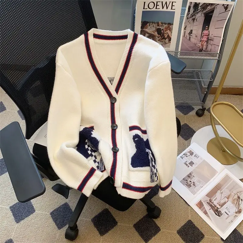 College Style Knitted Cardigan White Knitted Cardigan Little Bear Sweater Loose Coat Sweater White Coat Women's Top Coat