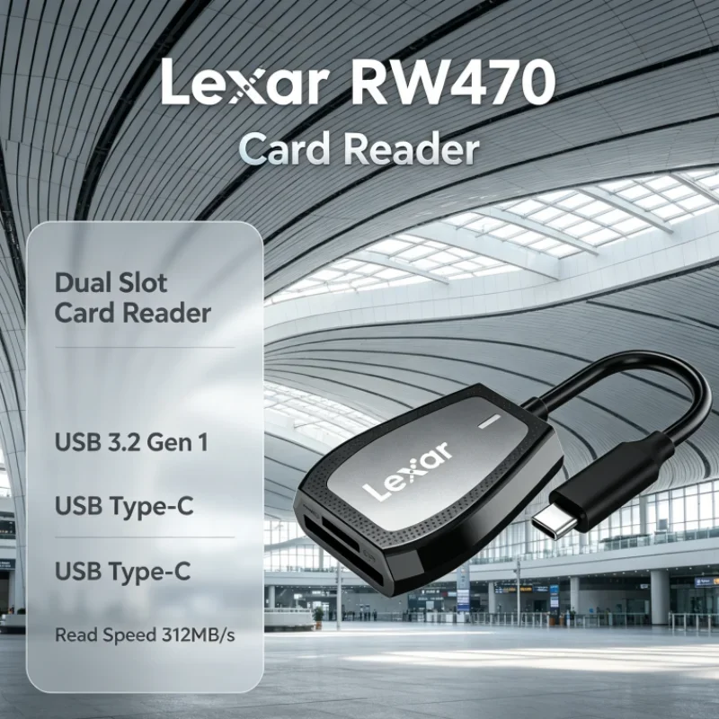 Lexar RW470 Card Reader Dual Slot USB 3.2 Gen1 2-in-1 Type-C SD microSD UHS-II 312MB/s Read Speed for Camera Data Transfer