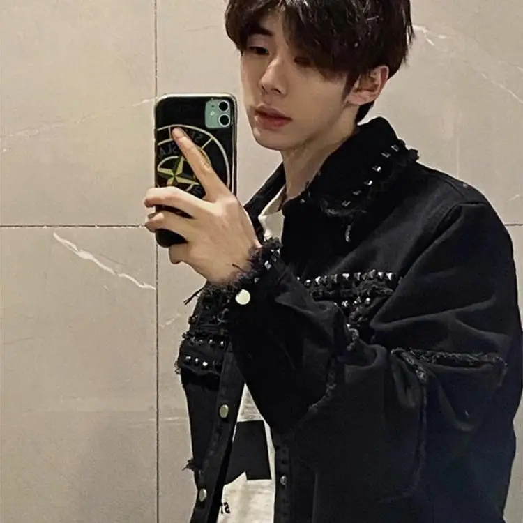 

Мужские джинсовые джинсы с заклепками в стиле ретро, осенние джинсы High Sensation Cool oulder Pad, свободные джинсы для пар Jaet Long Sve V...