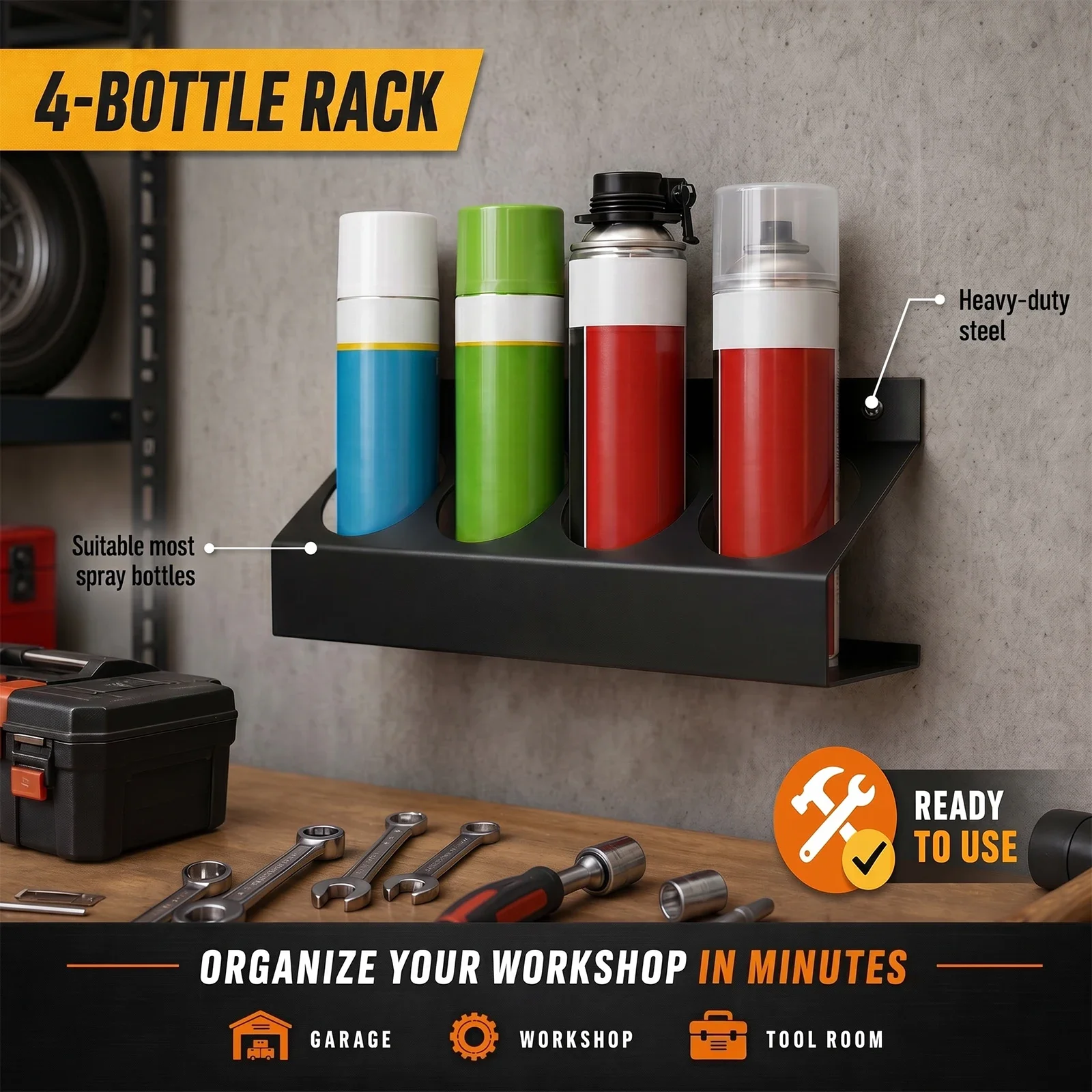 4-Slots Spray Bottle Storage Rack Metal Wall Mounted Aerosol Spray Can Holder Multi Purpose Wall Rack for Home Garage Workshop