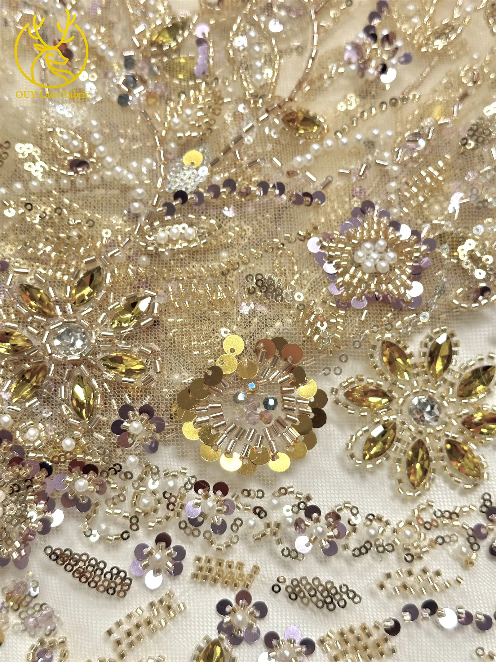 Gold Luxus Afrikanischer Stein Bräutigam Perlen Spitzenstoff 2026 Nigeria Französischer Tüll Pailletten Spitzenstoff für Brautpartykleid Nähen – Detail 9