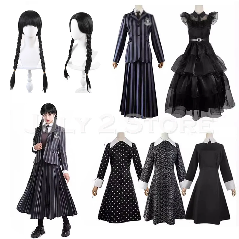 Halloween Wednesday Cosplay Addams Costume Black Gothic Dance Dress Uniforms Wig Girl Outfits Carnival Party Adult Kids Size