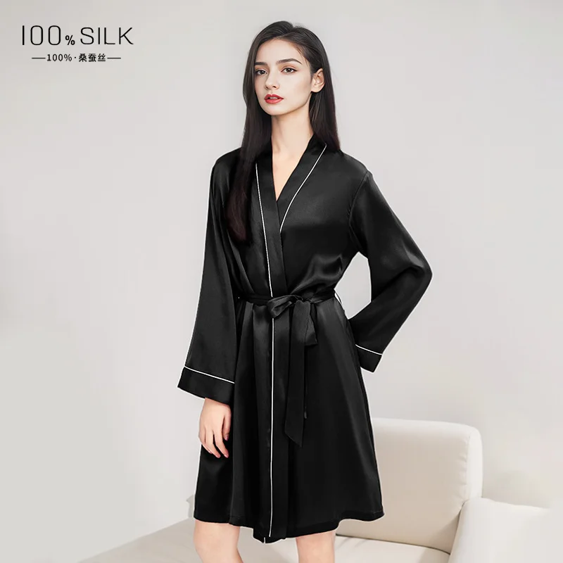 Women 100% Mulberry Silk Robe Luxury V Neck White Piping Long Sleeve Belted Dressing Gown Elegant Bathrobe Loungewear Nightwear