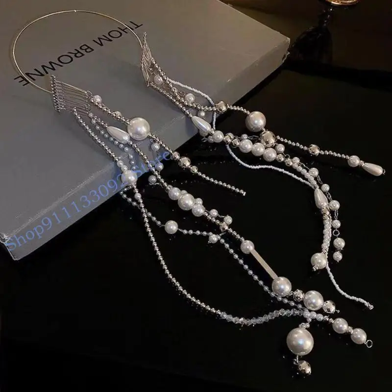 H9ED Fashion Pearl Beaded Hair Hoop Long Tassels Headpiece Elegant Headband Wedding Bridal Headwear Statement Jewelry