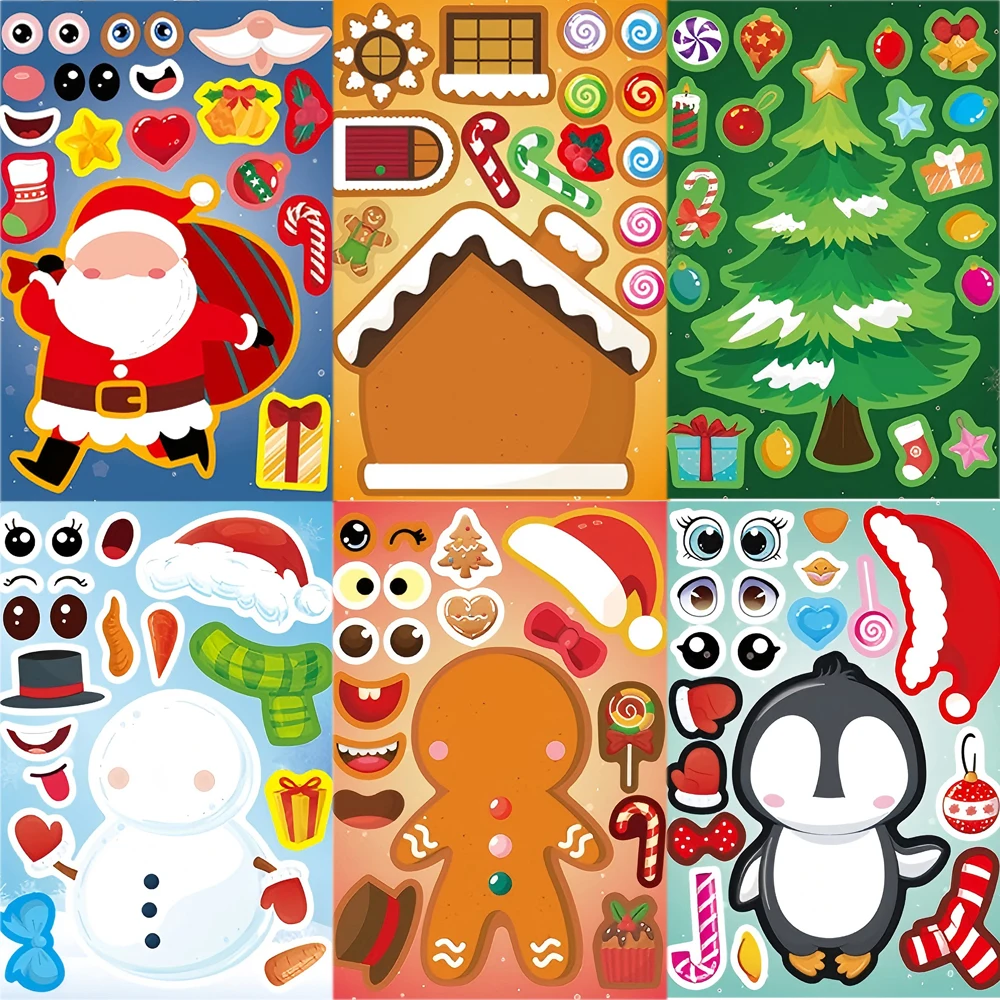 8/16/24 Stück Cartoon-Weihnachts-Puzzle-Aufkleber. Erstellen Sie Ihren eigenen Weihnachtsmann, DIY Make-a-Face-Puzzlespiele, Party-Dekorationsaufkleber
