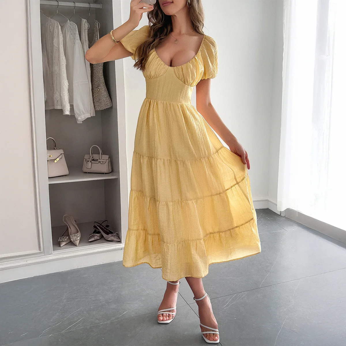

Casual Vacation Wind Bubble Sleeve Long Dress Women's Clothing Ballroom Dance Dress Women Competition Drag Queen Girls Clothes