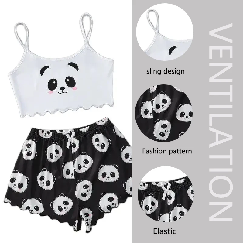 2PCS/Set Women Sleeveless Vest Camisole Top Shorts Loungewear Girl Pajamas Sexy Cartoon Panda Versatile Elastic Waist Suspenders