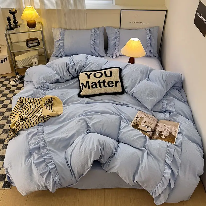 Super Soft Korean Style Washed Cotton Four-piece Bedding Set Light Blue Princess Style Lace Quilt Cover Bed Sheet Three-piece