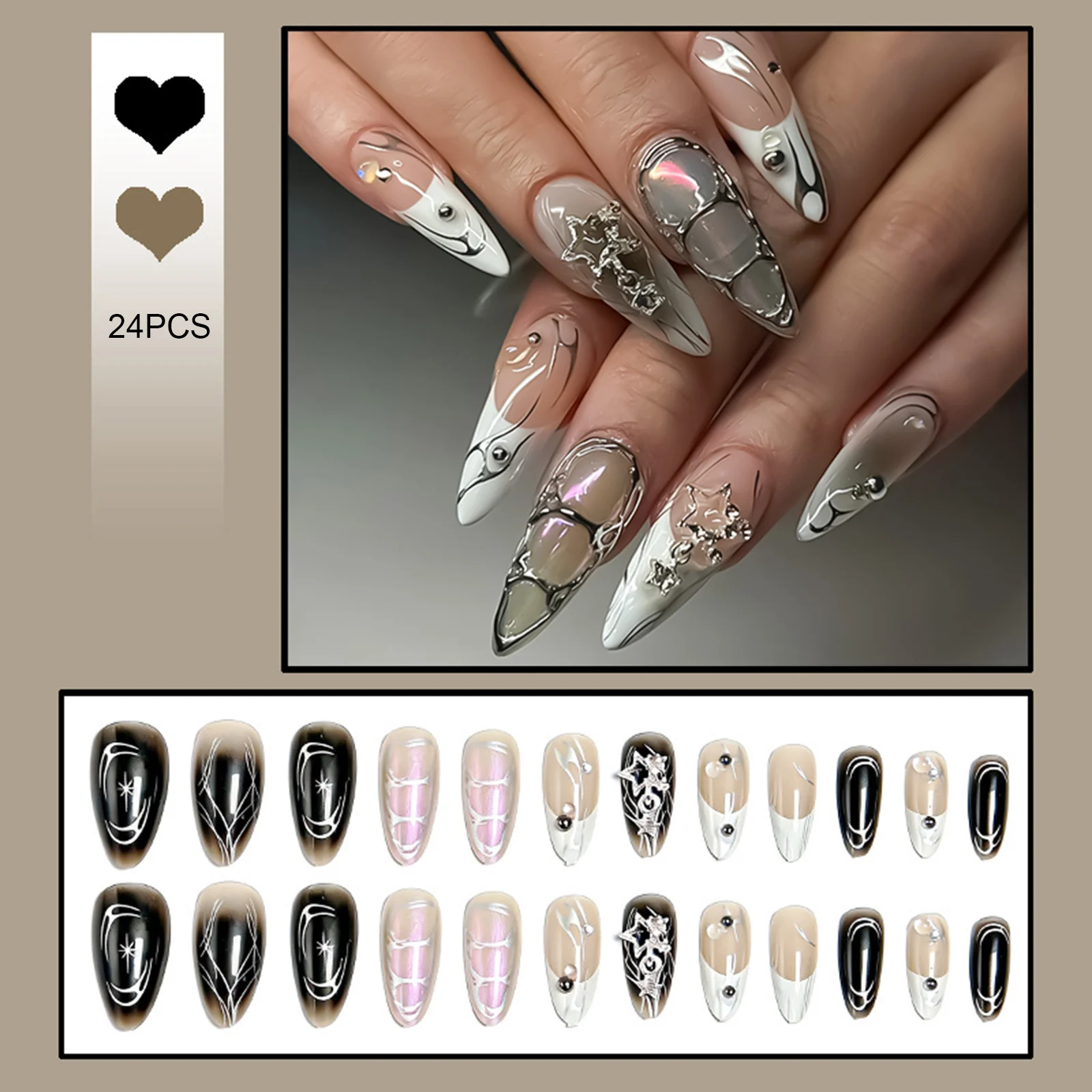 24pcs Press on Nails White French Flame Mirror Liquid Metal Full Cover False Nails for Women DIY Parties Weddings Photo Shoots