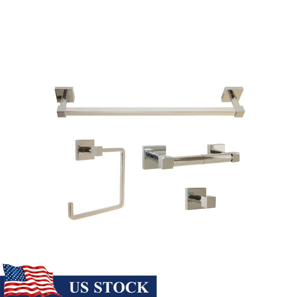 4-Piece Bathroom Hardware Accessory Set Polished Chrome Towel Bar Ring Toilet Paper Holder Robe Hook Easy Installation Durable