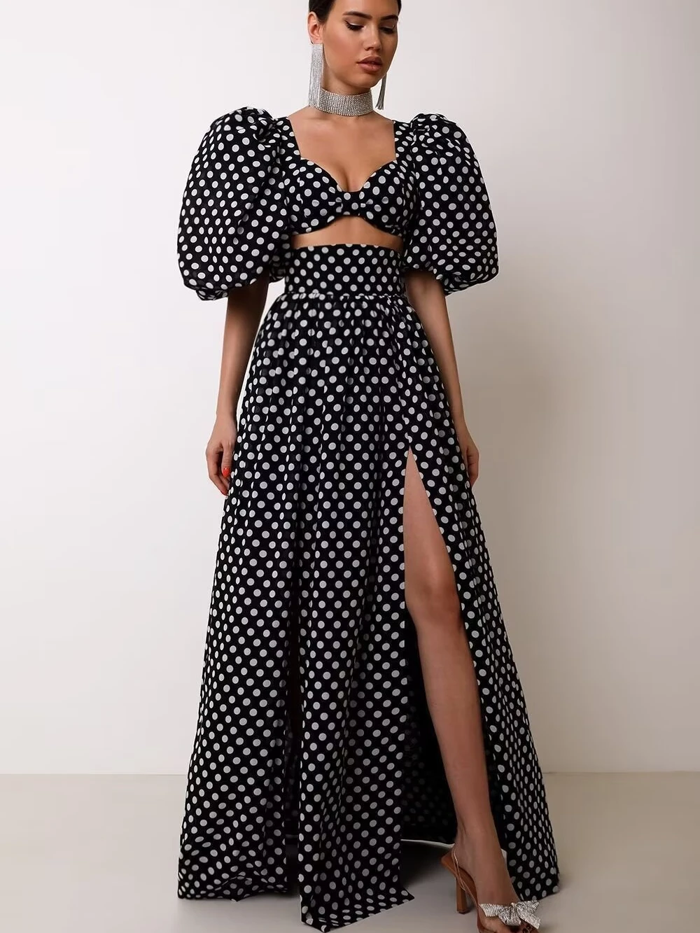 

Romantic Holiday Sexy High Waist Bubble Sleeve Beach Vacation Outfit Half Skirt Split Dot Pattern Top Bottom Set for Women