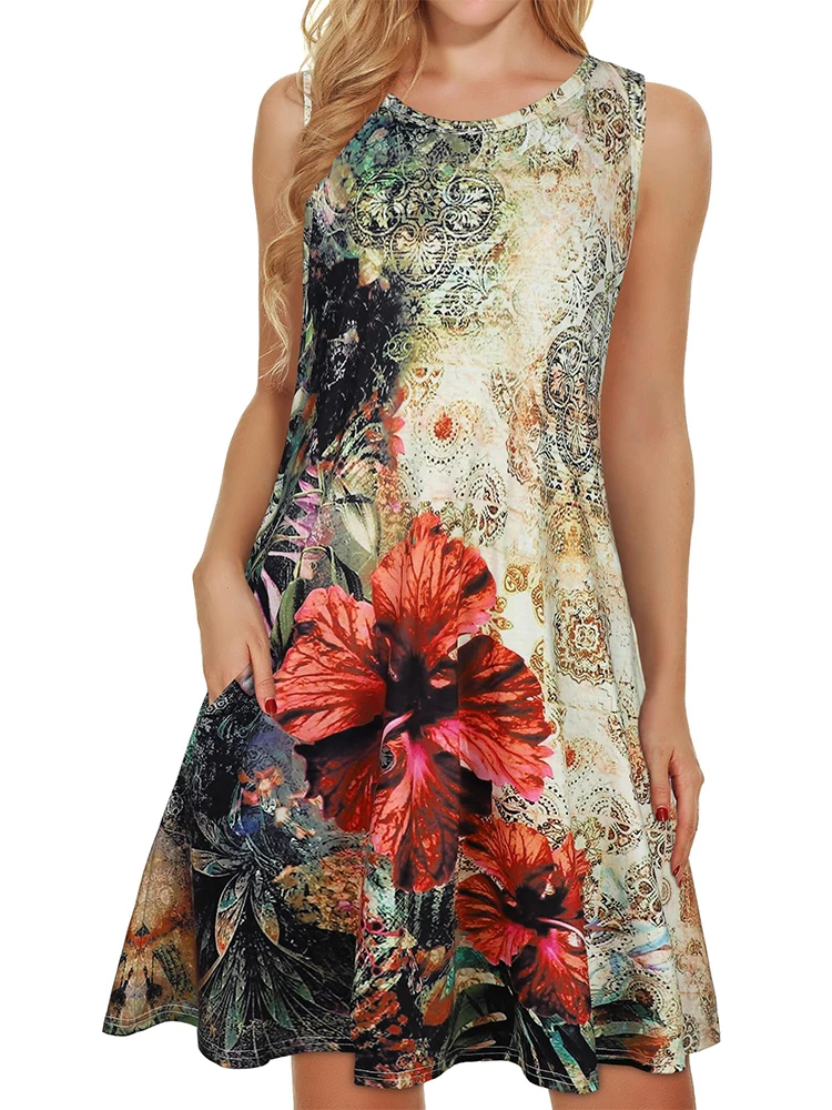 Summer Women's Bright Floral-Print Round-Neck Tank Dress Summer Sleeveless Casual Loose-Fit Dress with Pockets Retro-Chic Dress