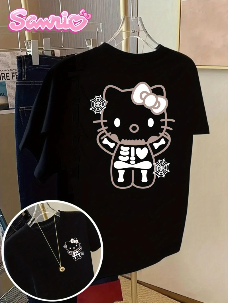 

SANRIO for Hello Kitty Halloween Pattern T-shirt - Black Short Sleeve Round Neck Casual Four Seasons Top