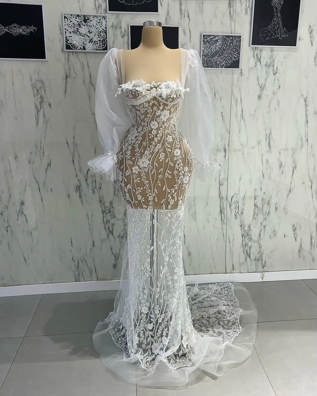 

Exquisite Sparkly Evening Dresses Luxury See Through Lace Beaded Evening Gown white dress with tail long sleeves party dress