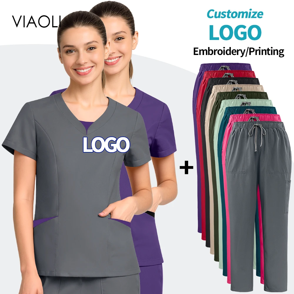 conjunto-de-scrubs-medicos-com-logo-bordado-estampado-para-mulheres-uniforme-de-trabalho-para-clinica-hospital-medico-enfermeira-blusa-com-decote-em-v-e-calcas-roupas-de-enfermagem