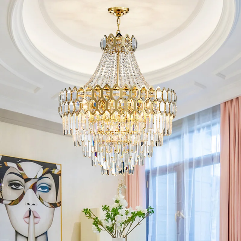 

Duplex building, large chandelier, living room, simple modern atmosphere, crystal chandelier villa, high staircase, hotel lobby