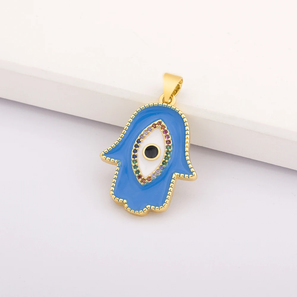 Hot Sale Women Men Hamsa Hand DIY Necklace Gold Color Copper Zircon Evil Eye Pendant Hip Hop Turkish Luck Jewelry Making