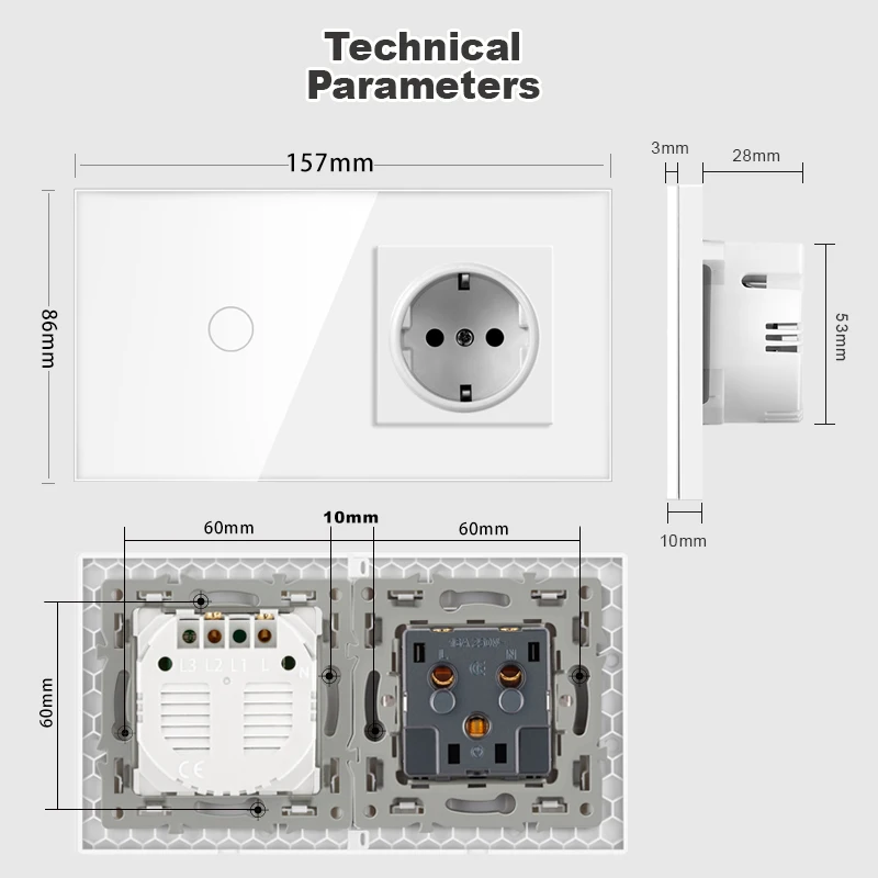 NYWP Interruttore con sensore tattile con presa pannello in cristallo 110~250V 16A 157*86mm presa a muro con interruttore della luce 1/2/3Gang 1Way