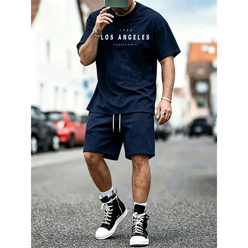 

Men's Los Angeles Print T-Shirt & Mesh Shorts Set, Casual 2-Piece Outfit, Summer Streetwear, EU Size Available