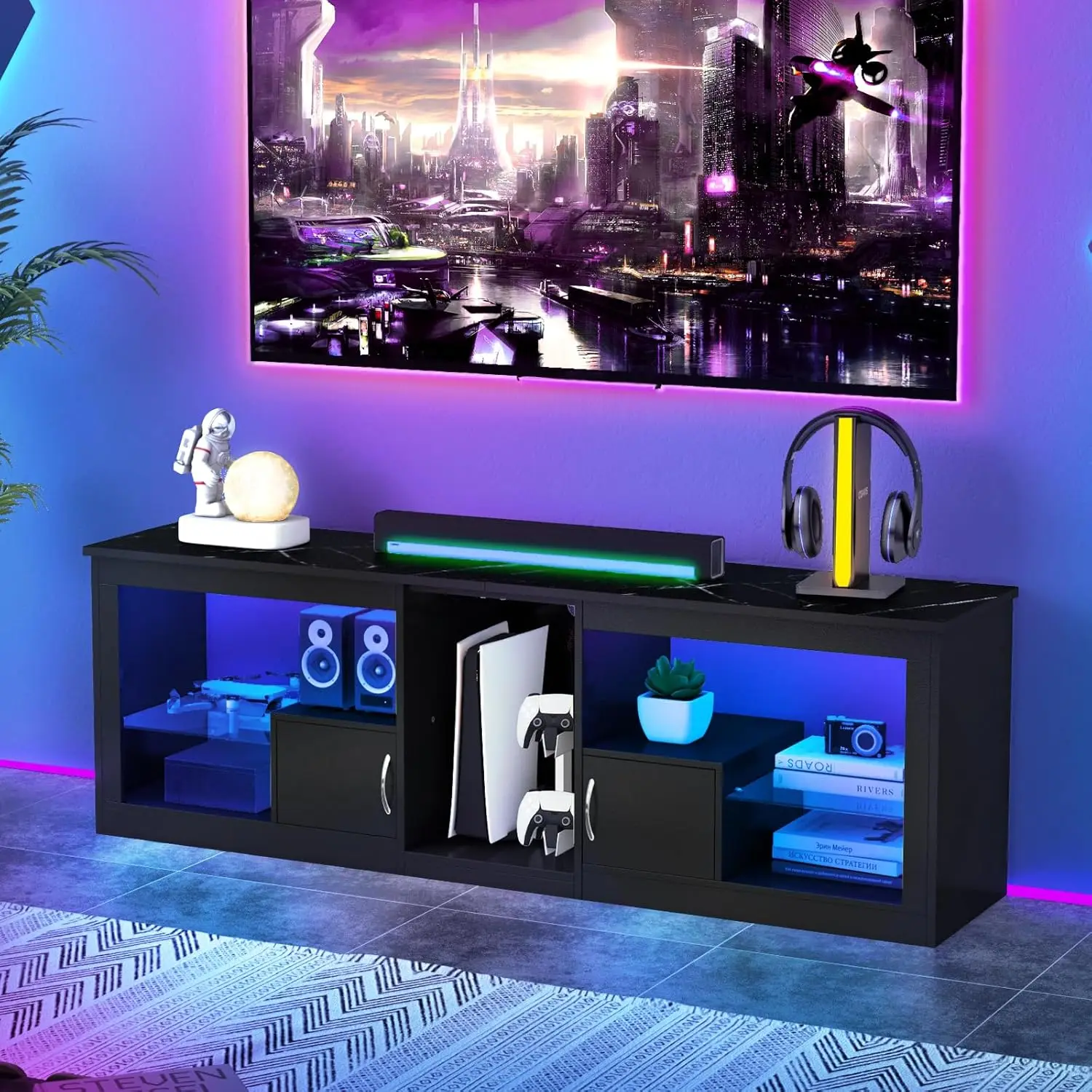 

63" TV Stand with LED Lights & Glass Shelves Storage Cabinet for 55-70" TV Living Room Bedroom, Customized