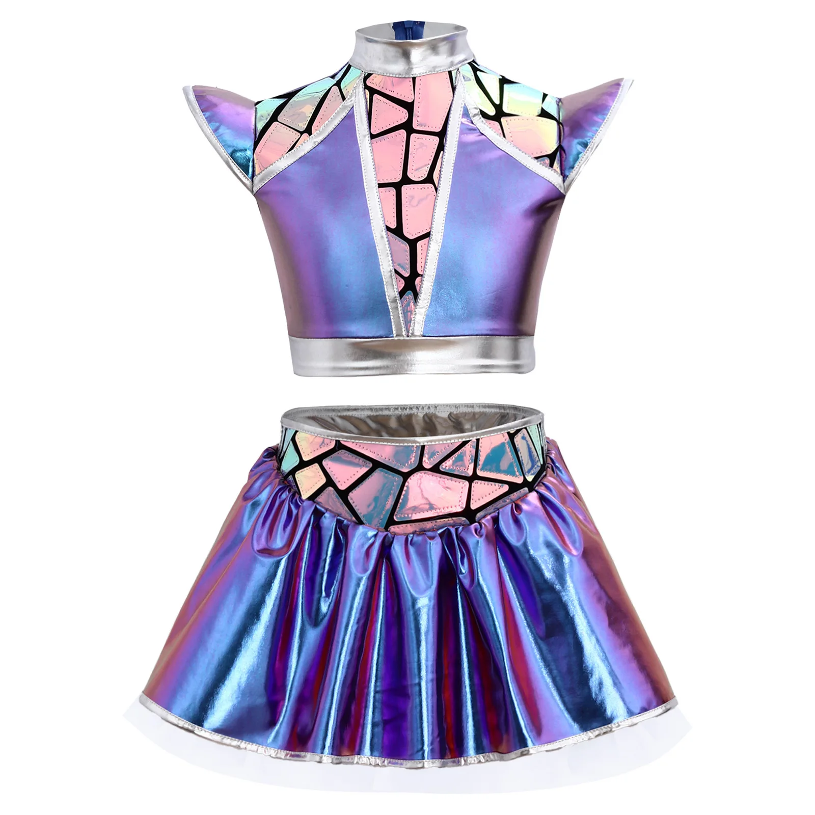 Mädchen-Cheerleader-Kostüm, Alien-Cosplay, Jazz-Hip-Hop-Cheerleading-Outfits, metallischer Reißverschluss hinten, bauchfreies Oberteil, mehrlagiger Rüschenrock – Detail 13