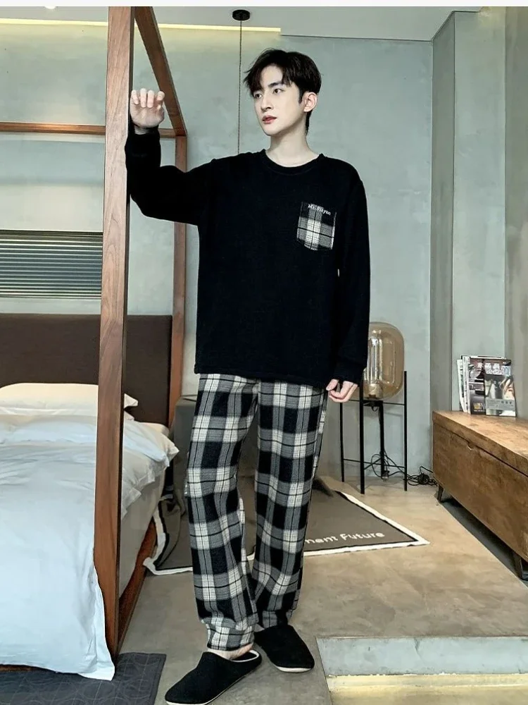 Sleepwear Men Long Sleeve Long Pants Cotton Pajama Sets Spring Autumn Nightwear Loungewear Set Korean Boys Pajamas Casual Loose