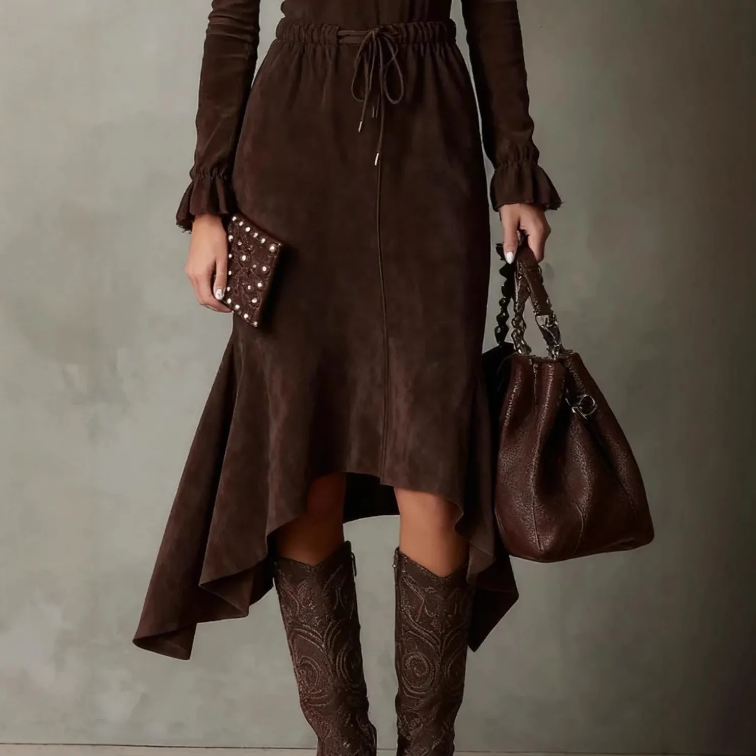 Pullover Long Sleeve Dress with Drawstring High Waist Fitted Waist a Line Silhouette Relaxed Fit Streetwear Dresses for Women