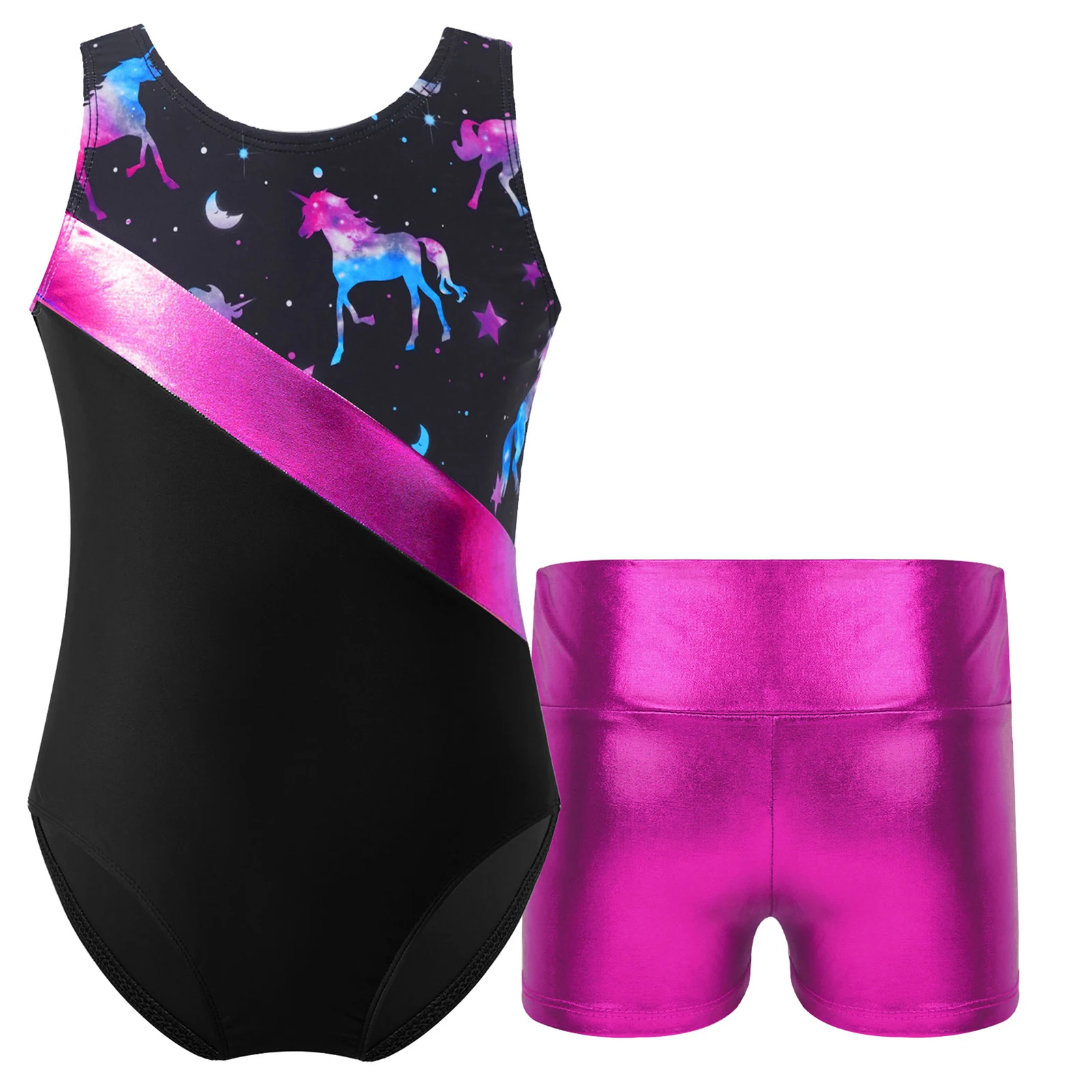 Girls Kids Ballet Leotard and Shorts Gymnastics Clothes Dance Shiny Practice Bodysuit Outfit Workout Sportswear Training Suit