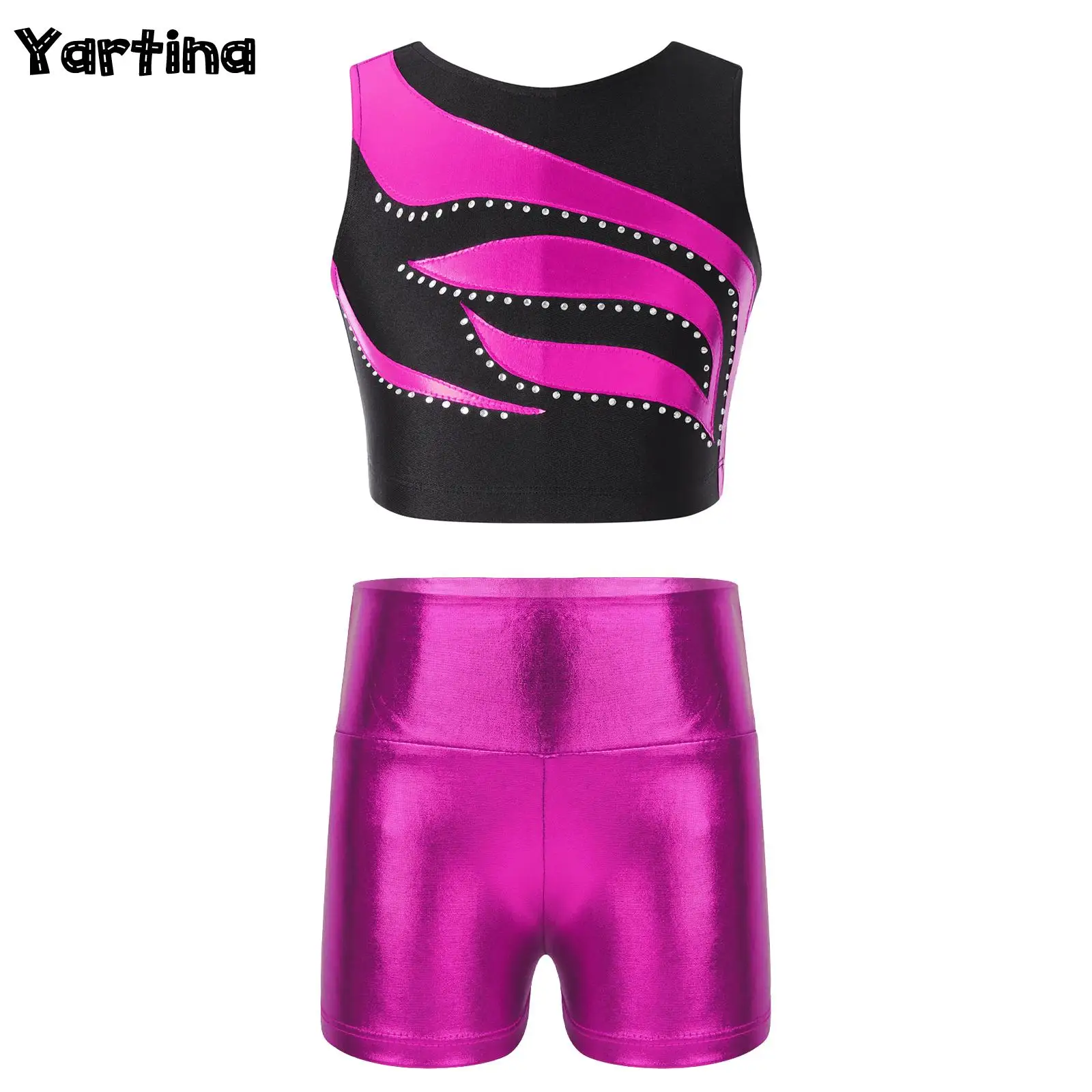 

Kids Girls Metallic Gymnastic Ballet Jazz Dance Outfits Round Neckline Shiny Rhinestone Crop Top with High Waist Shorts