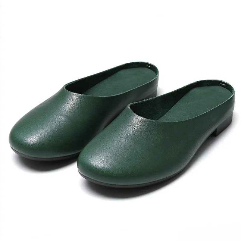 Designer Brand Genuine Leather Soft Sole Women's Slippers Elegant Round Toe Flat Shoes Comfortable Anti-slip Casual Office Mules