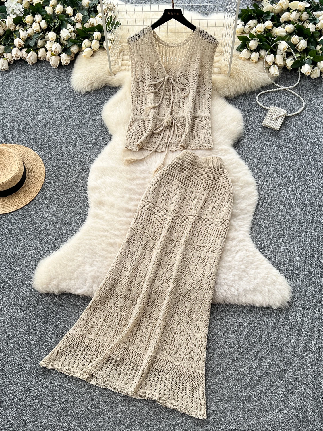 Conjunto de falda ajustada de cintura alta para mujer, Top de punto calado sin mangas con nudo atado, moda informal de ve...