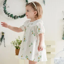 Dave Bella Girl's Princess Dress 2024 New Summer Children's Baby Short Sleeves Floral Cute Sweet Flower Fashion Casual DB2240282