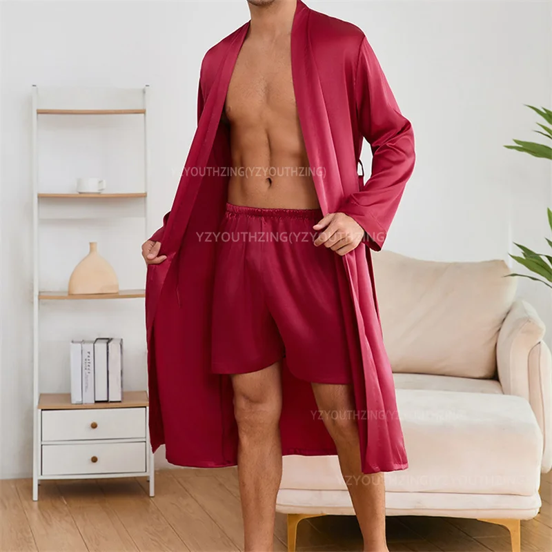 Сплошной цвет, комплект одежды для сна, мужская шелковистая атласная мужская ночная рубашка, свободный японский мужской пижамный комплект, новое летнее кимоно, шорты, пижамный костюм