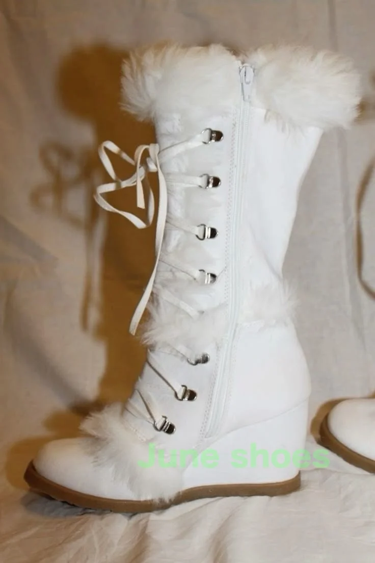 Lady White Fur Lace-Up Gladiator Kniestiefel Punk Warm Sexy Stiefel Wedges Heel Fur Suede Footwear Fur Zipper White Platform Size
