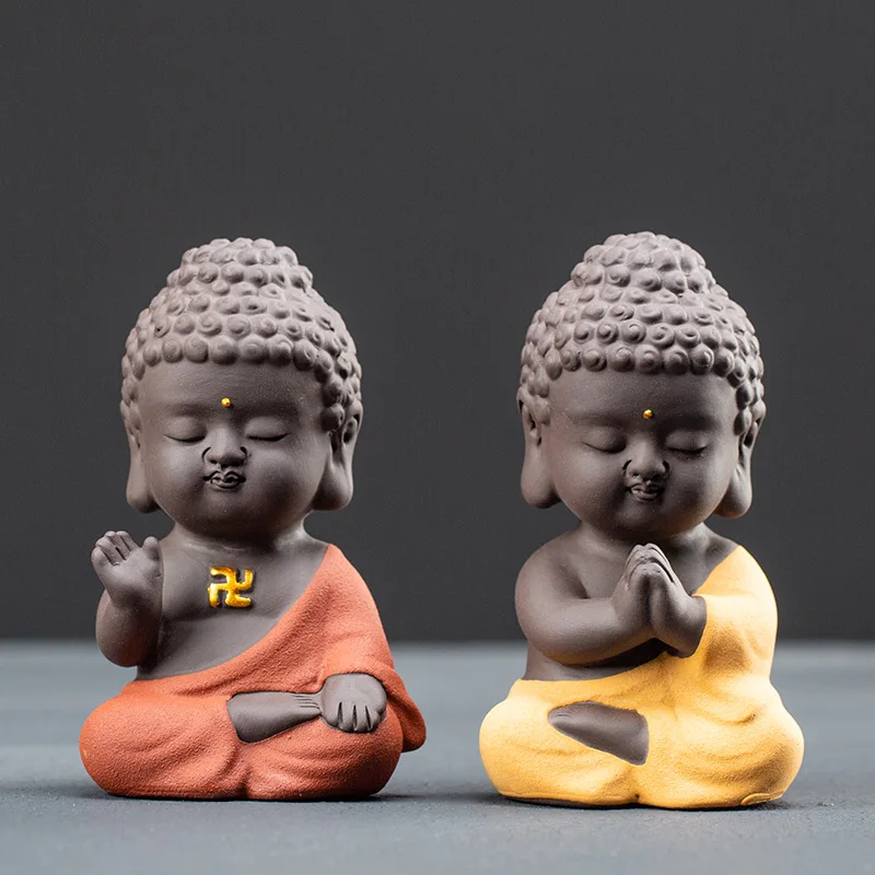 Hand Painted Color Ceramic Purple Clay Little Tathagata Buddha Monk Sitting Statue Car Decor Tea Pet Blessing Ornament