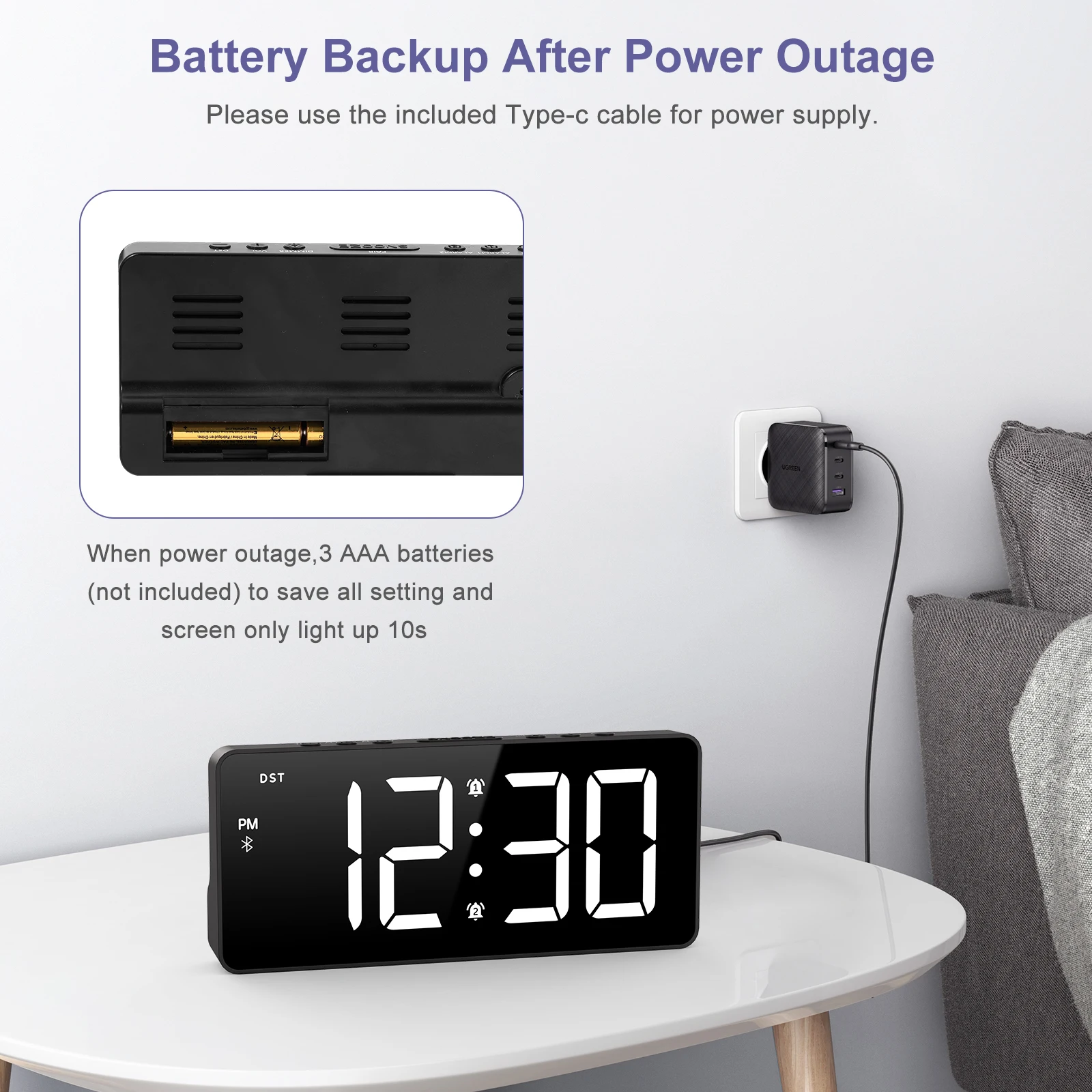 ساعة منبه LED مقاس 7 بوصات من ORIA مع ساعة منبه رقمية مزامنة بلوتوث مع منبه مزدوج و5 مستويات سطوع للاستخدام المنزلي والمكاتب