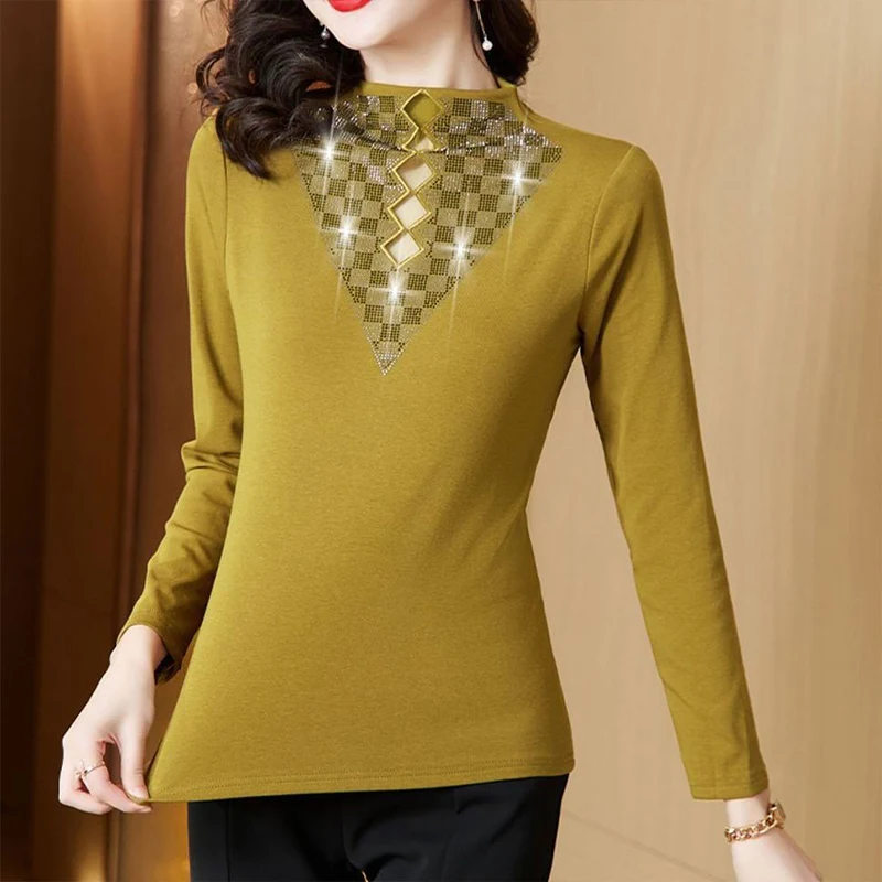 Autumn Elegant Fashion Chic Pullover Women Patchwork Artistic Long Sleeve Hollow Out Round Collar Argyle Sequined Beading Top