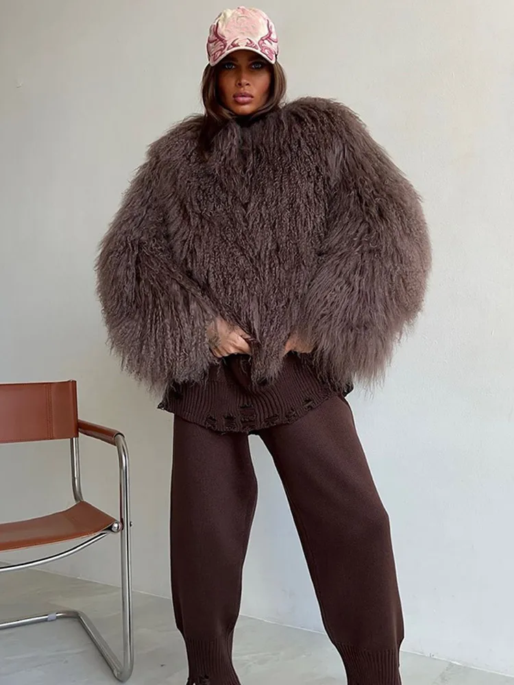 New Fashion Burgundy Oversized Fluffy Faux Fur Coat 2024 Chic Women O-neck Long Sleeved Warm Jacket Winter Lady Loose Streetwear