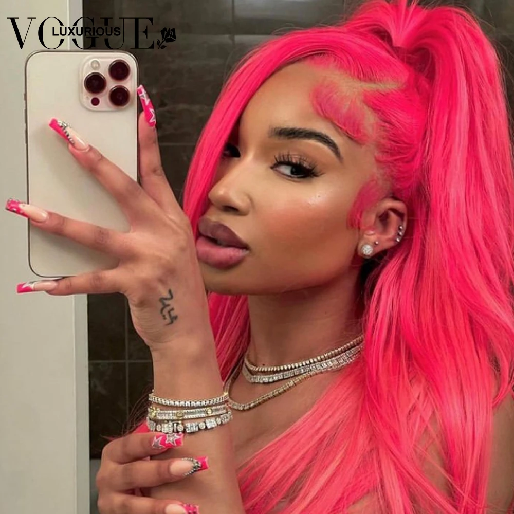 13x6 Lace Frontal Pink Colored Brazilian Virgin Human Hair Wigs for Women 4x4 Straight Closure Wig Ready to Wear Pre Plucked