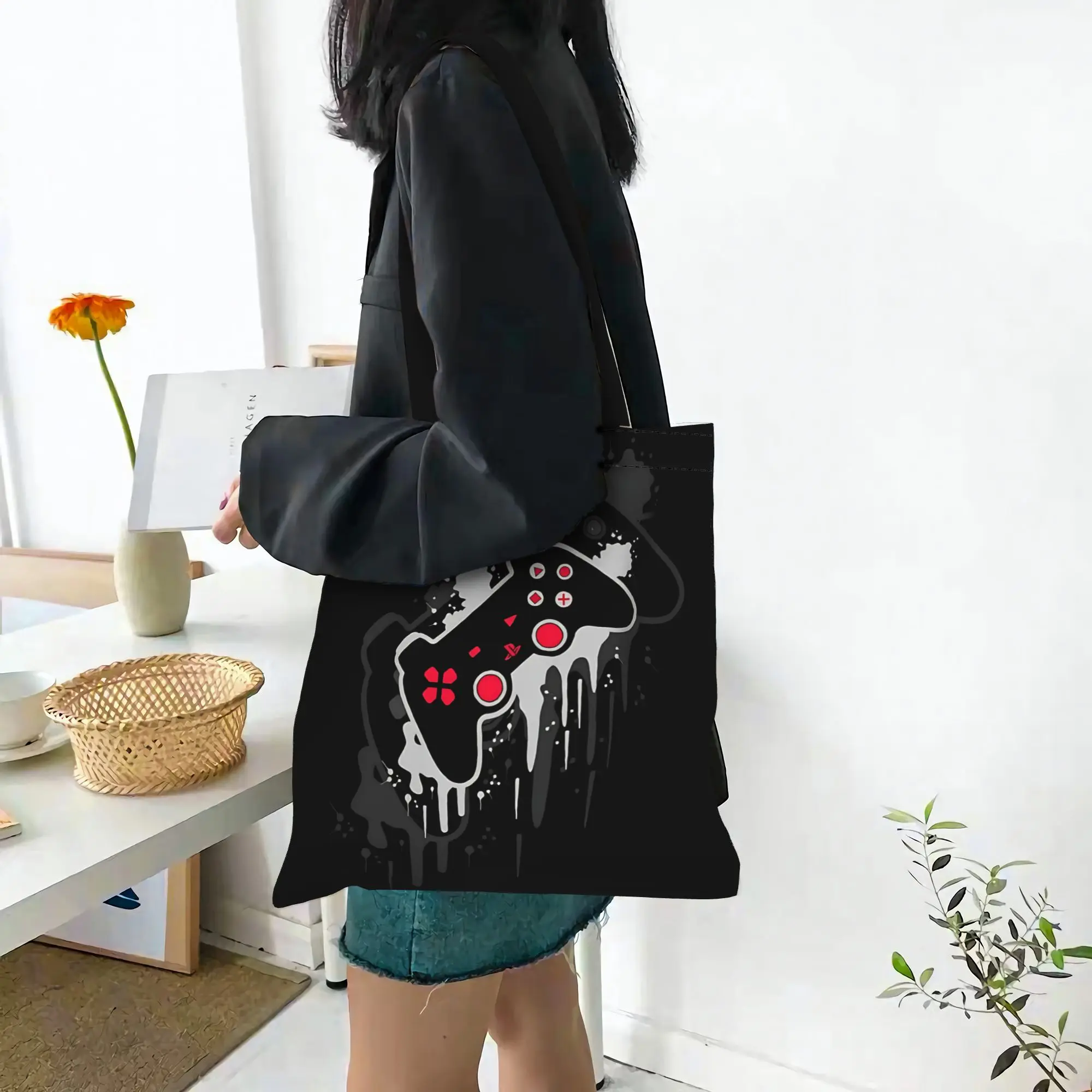 

fashionable bags back to school Large Capacity Unisex Neon Gaming Controller Print Canvas Tote Bag Foldable Chic Pattern Gifts