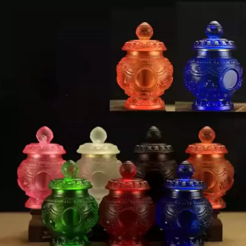 13cm 7 Colors Tibetan Buddhist Glass Treasure Bottle - Ruyi Eight Auspicious Signs Consecrated Ritual Implement Home Decor