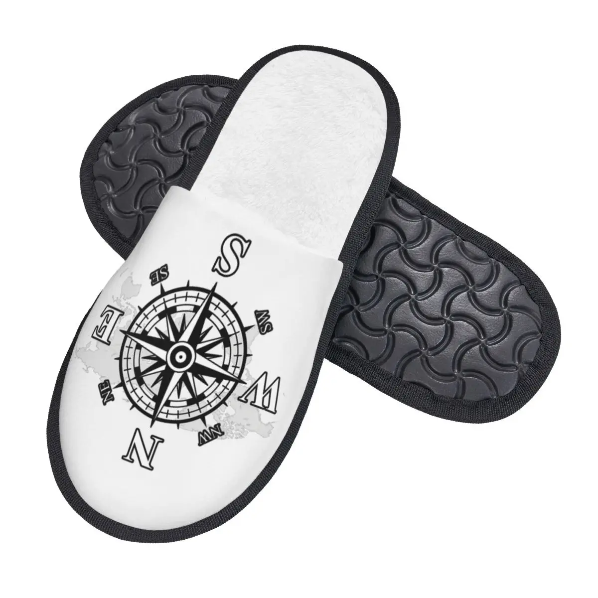 Custom Compass With World Map Soft Memory Foam House Slippers Women Cardinal Points Of Earth Comfy Warm Anti-skid Sole Slipper