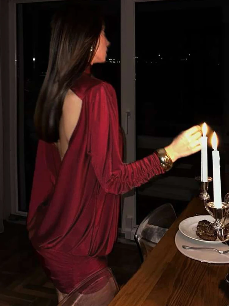 Weird Puss Sexy Satin Rückenfreies Kleid Frauen Halb Hohen Kragen Geraffte Weihnachten Geburtstag Pfirsich Hüfte Hottie Stretch Schlank Mini Bodycon